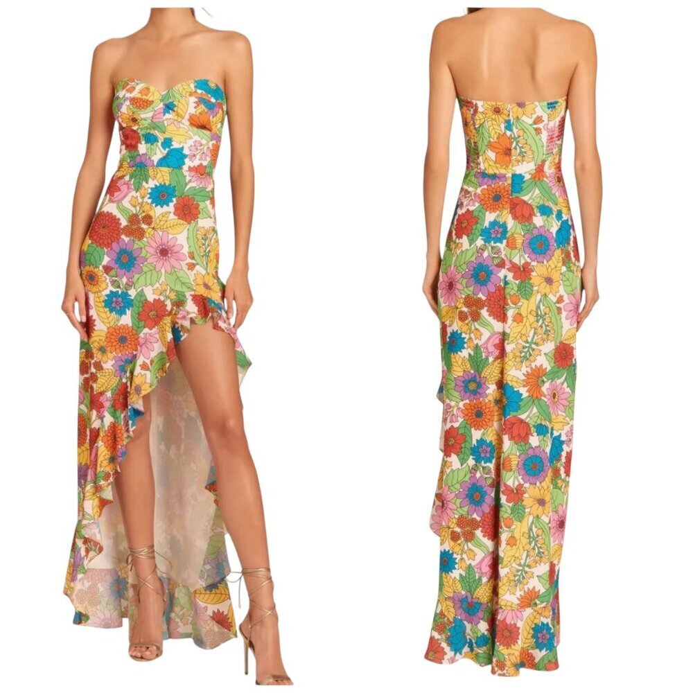 Amanda Uprichard Eden Floral Strapless High Low Ruffle Gown L